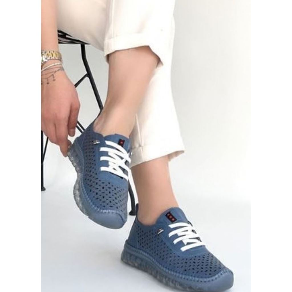 Otja Mavi Deri Lazerli Bağcıklı Spor Ayakkabı