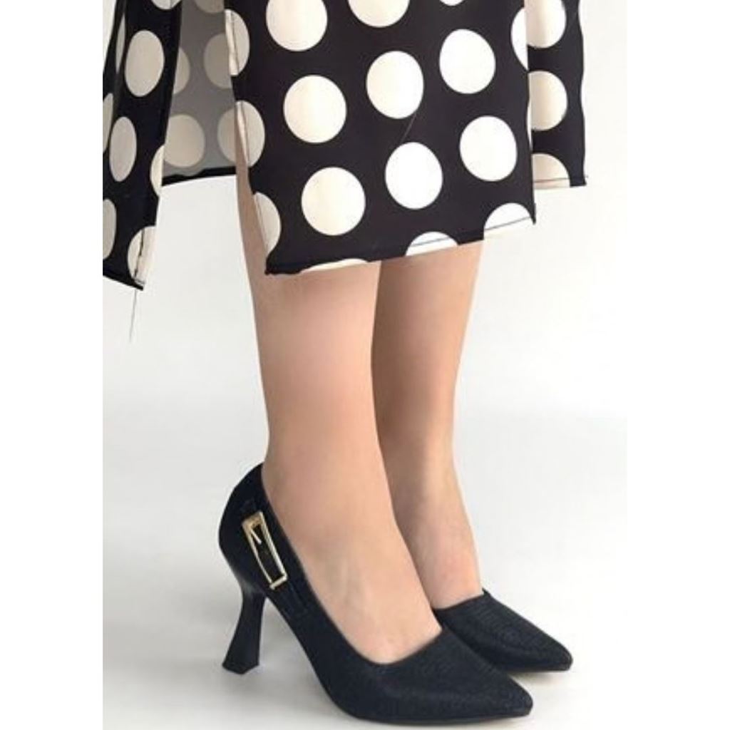 Cerin Siyah Saten Simli Topuklu Ayakkabı