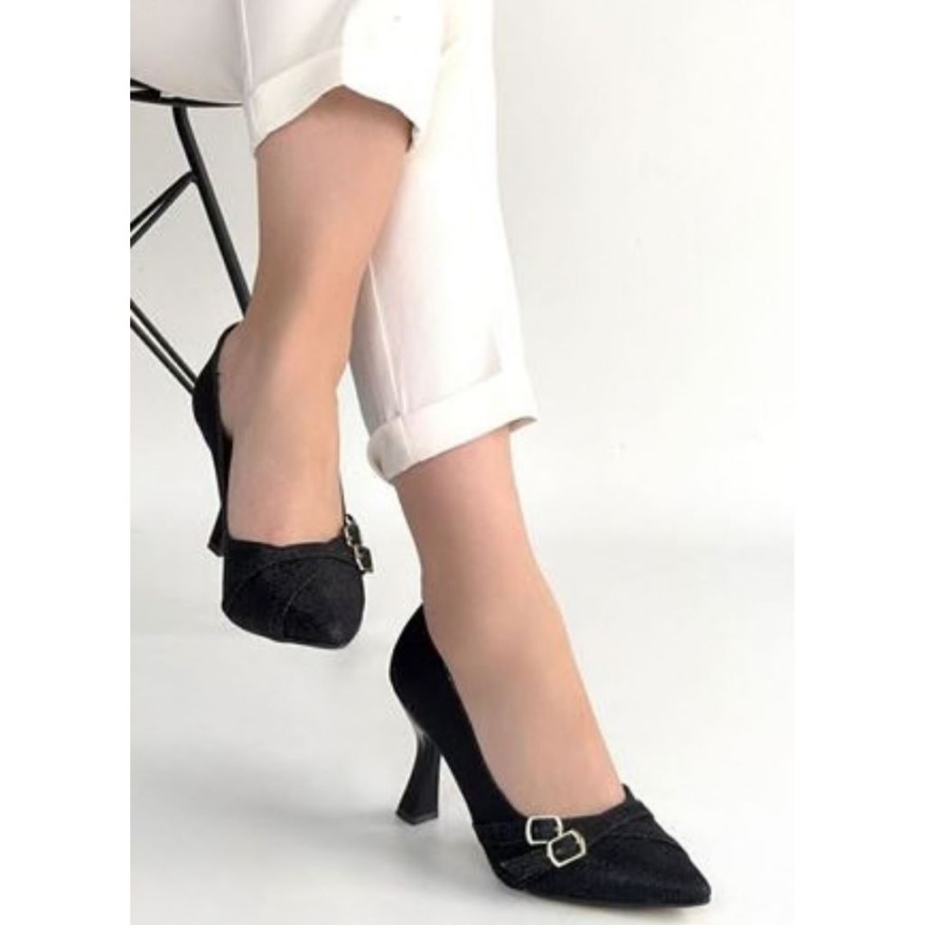 Wenda Siyah Simli Cilt Topuklu Ayakkabı