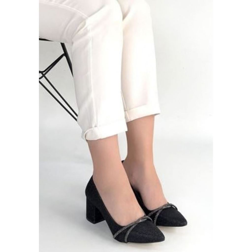 Rewin Siyah Simli Cilt Topuklu Ayakkabı