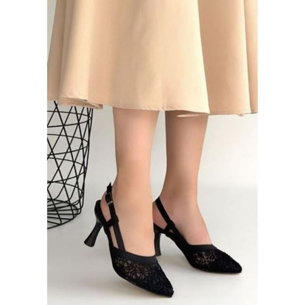 Ceta Siyah Cilt Tül Detaylı Topuklu Ayakkabı