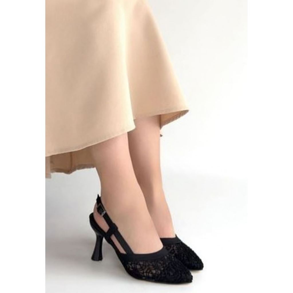 Ceta Siyah Cilt Tül Detaylı Topuklu Ayakkabı