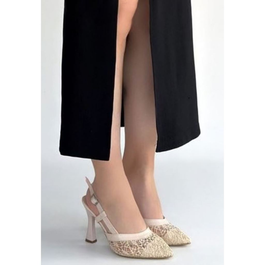 Ceta Bej Cilt Tül Detaylı Topuklu Ayakkabı