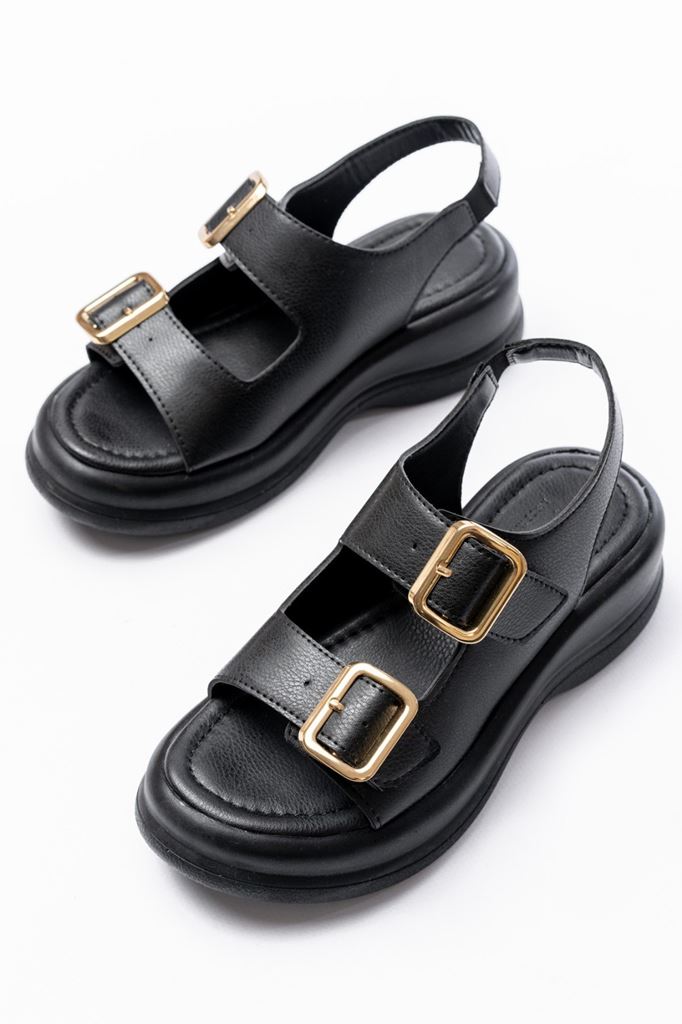 Kaji Siyah Cilt Çift Tokalı Sandalet