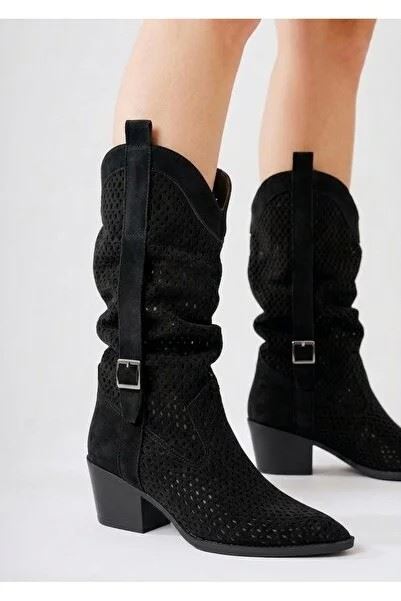 Meria Siyah Süet Lazer Kesim Kovboy Topuklu Çizme