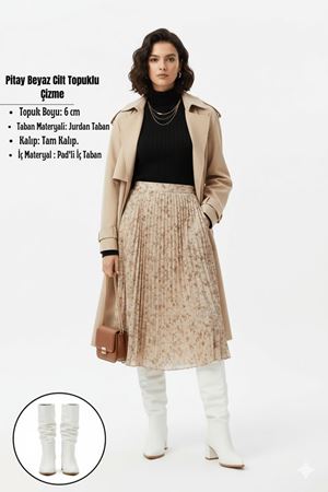 Pitay Beyaz Cilt Topuklu Çizme