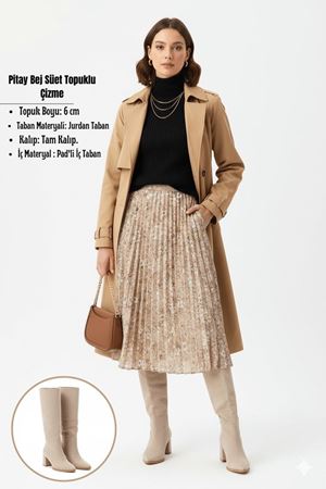 Pitay Bej Süet Topuklu Çizme