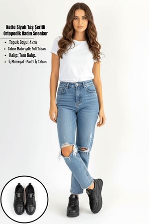 Natte Siyah Taş Şeritli Ortopedik Platform Kadın Sneaker