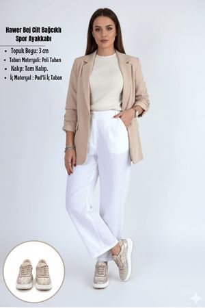Hawer Bej Cilt Bağcıklı Spor Ayakkabı