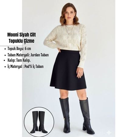 Mooni Siyah Cilt Topuklu Çizme