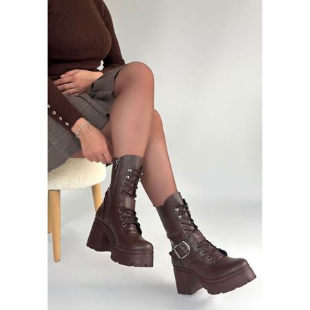 Linma Kahverengi Cilt Bağcıklı Topuklu Bot