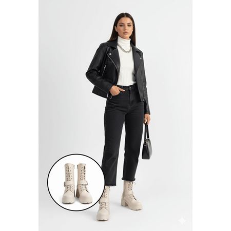 Linma Bej Cilt Bağcıklı Topuklu Bot