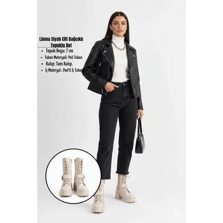 Linma Siyah Cilt Bağcıklı Topuklu Bot