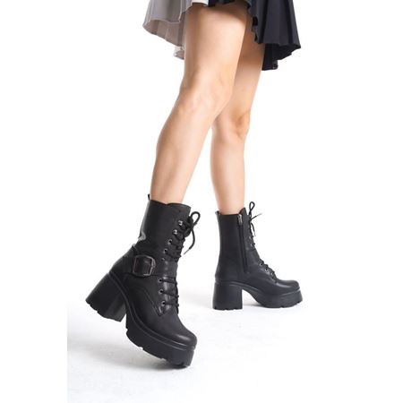 Linma Siyah Cilt Bağcıklı Topuklu Bot