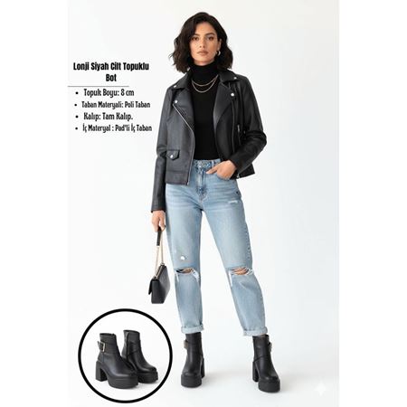 Lonji Siyah Cilt Topuklu Bot