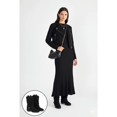 Canty Siyah Süet Körüklü Topuklu Çizme