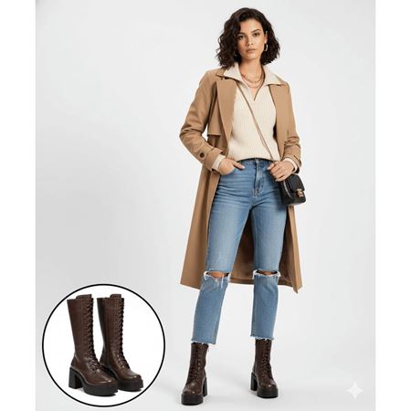 Guay Kahverengi Cilt Bağcıklı Topuklu Çizme