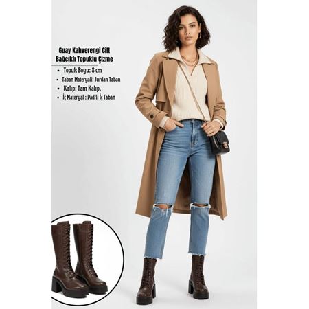 Guay Kahverengi Cilt Bağcıklı Topuklu Çizme