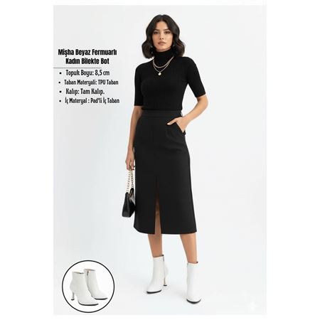 Mişha Beyaz Sivri Burun Kadeh Topuk Fermuarlı Kadın Bilekte Bot
