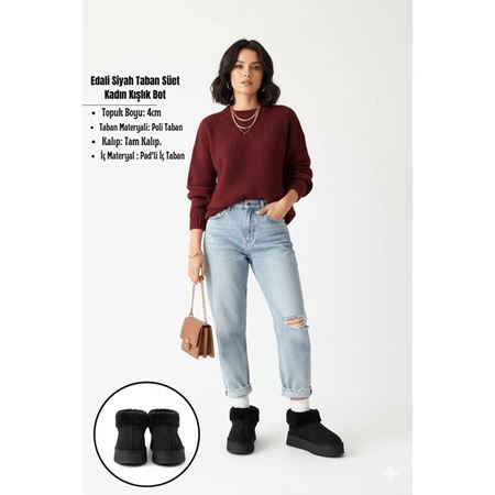 Edali Siyah İçi Kürklü Platform Taban Süet Kadın Kışlık Bot