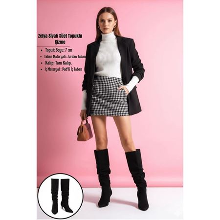 Zelya Siyah Süet Topuklu Çizme