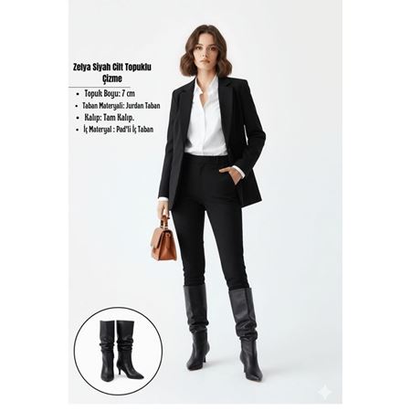 Zelya Siyah Cilt Topuklu Çizme