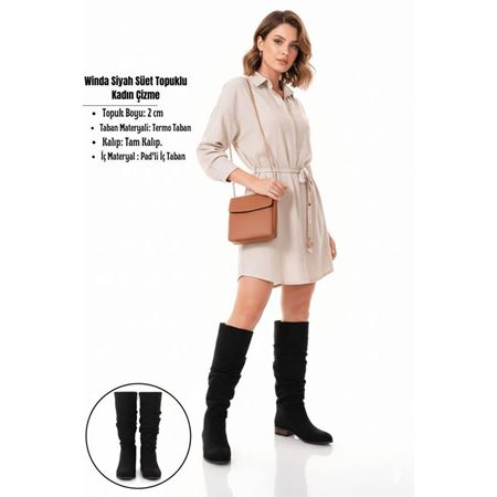 Winda Siyah Süet Diz Altı Alçak Topuklu Kadın Çizme