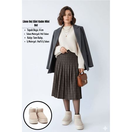 Linne Bej Platform Tabanlı İçi Kürklü Süet Kadın Mini Bot