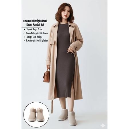 Elsa Bej Süet İçi Kürklü Kadın Panduf Bot