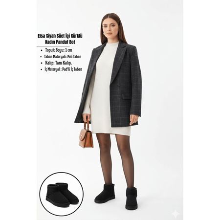 Elsa Siyah Süet İçi Kürklü Kadın Panduf Bot