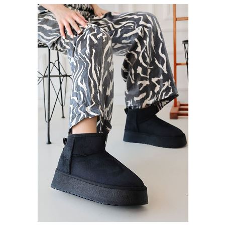 Linne Siyah Platform Tabanlı İçi Kürklü Süet Kadın Mini Bot