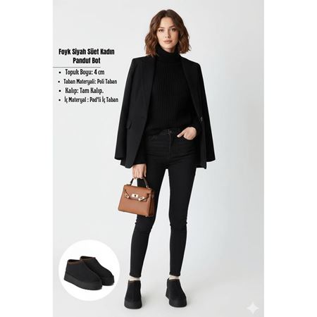 Foyk Siyah İçi Kürklü Platform Taban Süet Kadın Panduf Bot