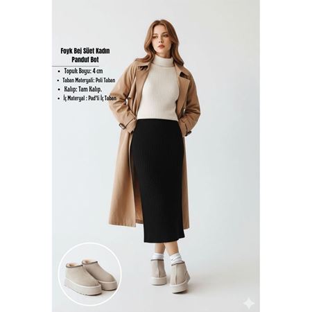 Foyk Bej İçi Kürklü Platform Taban Süet Kadın Panduf Bot