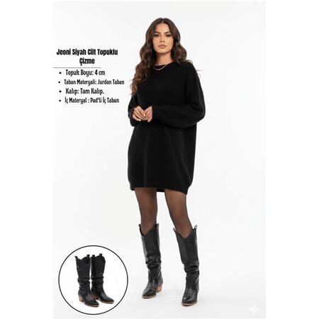 Jeoni Siyah Cilt Topuklu Çizme