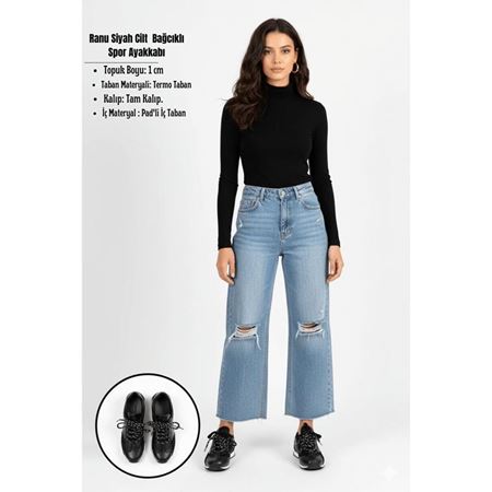 Ranu Siyah Cilt Paraşüt Detaylı Bağcıklı Spor Ayakkabı