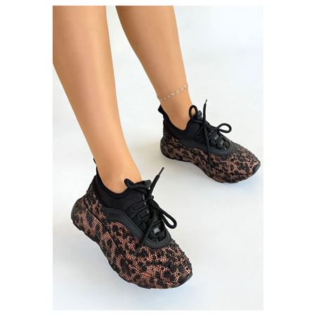 Rimay Siyah Leopar Desenli Taşlı Kalın Tabanlı Kadın Sneaker