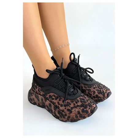 Rimay Siyah Leopar Desenli Taşlı Kalın Tabanlı Kadın Sneaker