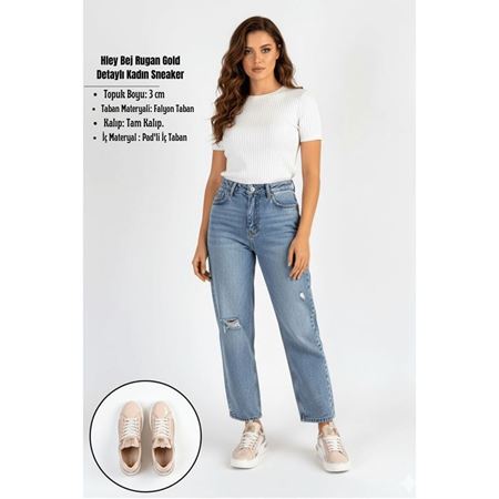 Hley Bej Rugan Gold Detaylı Platform Tabanlı Kadın Sneaker