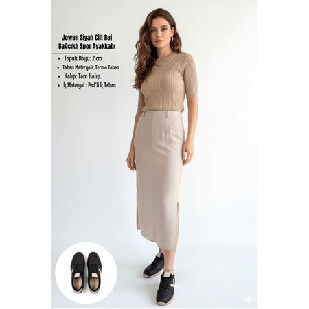 Jowen Siyah Cilt Bej Detaylı Bağcıklı Spor Ayakkabı