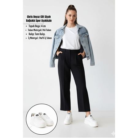 Chris Beyaz Cilt Siyah Detaylı Bağcıklı Spor Ayakkabı