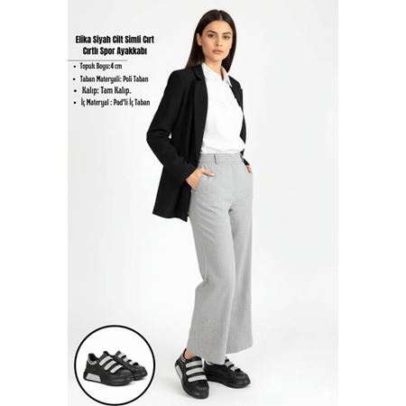 Elika Siyah Cilt Simli Cırt Cırtlı Spor Ayakkabı