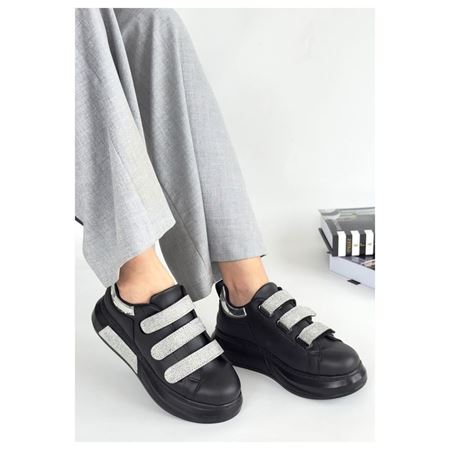 Elika Siyah Cilt Simli Cırt Cırtlı Spor Ayakkabı