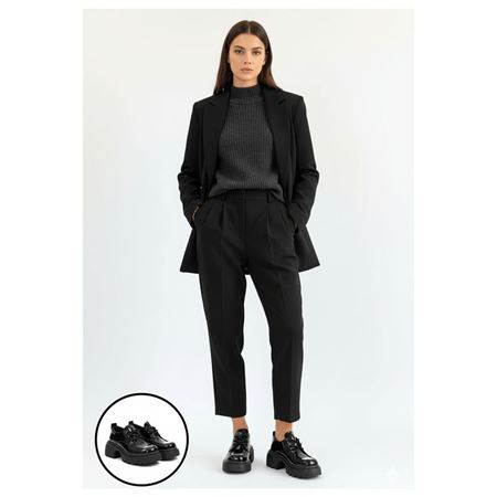 Kiya Siyah Rugan Metal Aksesuarlı Traktör Tabanlı Kadın Oxford Ayakkabı