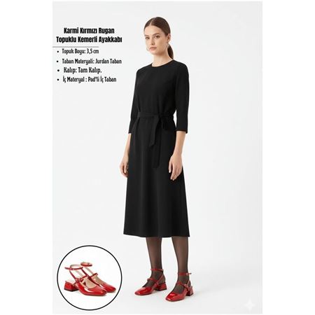 Karmi Kırmızı Rugan Topuklu Kemerli Ayakkabı