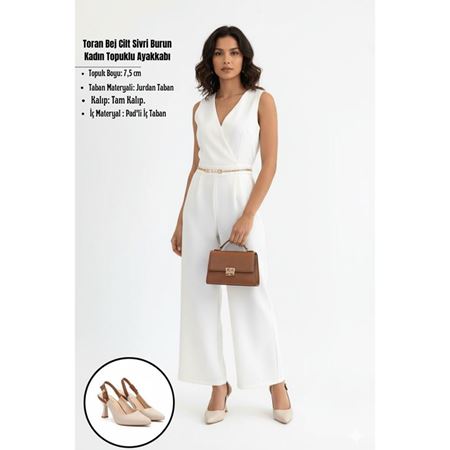 Toran Bej Cilt Sivri Burun Kadeh Topuk Arkası Açık Kadın Topuklu Ayakkabı