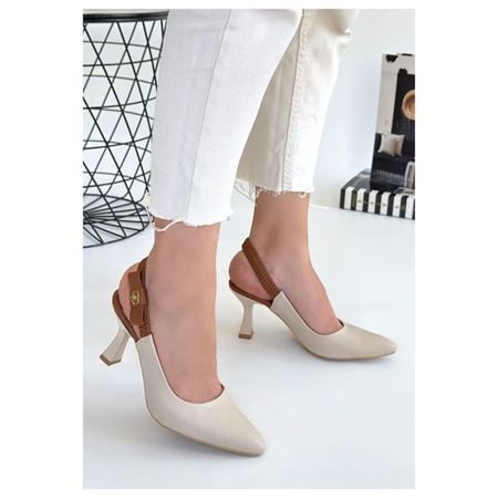 Toran Bej Cilt Sivri Burun Kadeh Topuk Arkası Açık Kadın Topuklu Ayakkabı