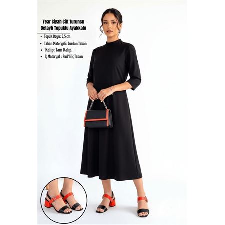 Year Siyah Cilt Turuncu Detaylı Topuklu Ayakkabı