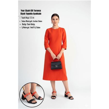 Year Siyah Cilt Turuncu Detaylı Siyah Topuklu Ayakkabı