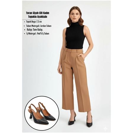 Toran Siyah Cilt Sivri Burun Kadeh Topuk Arkası Açık Kadın Topuklu Ayakkabı