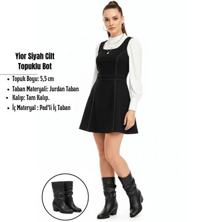 Yior Siyah Cilt Topuklu Bot